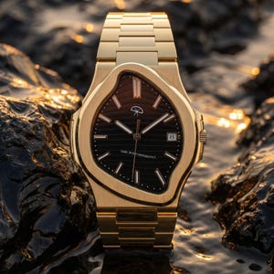 Puede incluir: Un reloj de pulsera dorado con esfera negra y visualización de fecha. El reloj presenta un bisel irregular y una pulsera dorada a juego. El texto "TIME BUILT DIFFERENTLY" es visible en la esfera. Aproximadamente 40 mm de diámetro.
