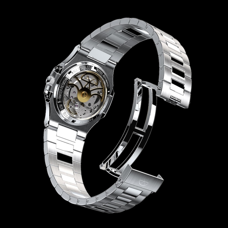 May include: A stainless steel wristwatch with a silver band and a transparent back, revealing the intricate inner workings of the automatic movement. The watch is water-resistant and features a crystal face. The band is open, showcasing the clasp.