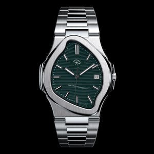 May include: A stainless steel wristwatch with a distinctive, warped case. The watch has a dark green face with silver hands and markers, a date window, and the text "TIME BUILT DIFFERENTLY". The watch strap is also stainless steel.
