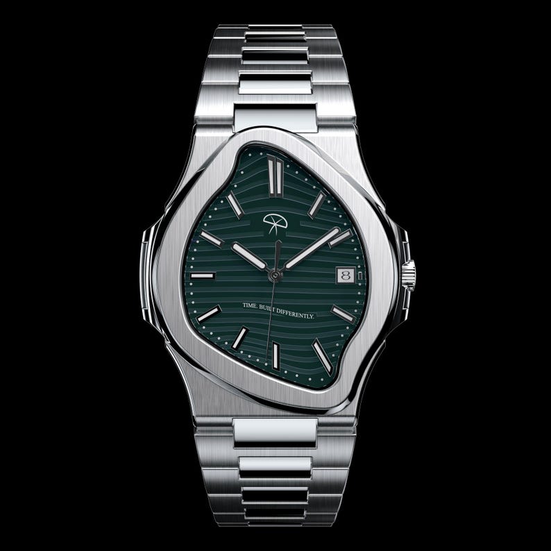 May include: A stainless steel wristwatch with a distinctive, warped case. The watch has a dark green face with silver hands and markers, a date window, and the text "TIME BUILT DIFFERENTLY". The watch strap is also stainless steel.