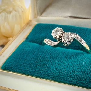 Mid-century &#39;Toi et Moi&#39; 18ct gold and platinum diamond cross over engagement or special occasion ring