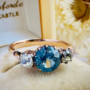 Vintage Blue Zircon Old-cut diamond 9ct ring three stone trilogy ring