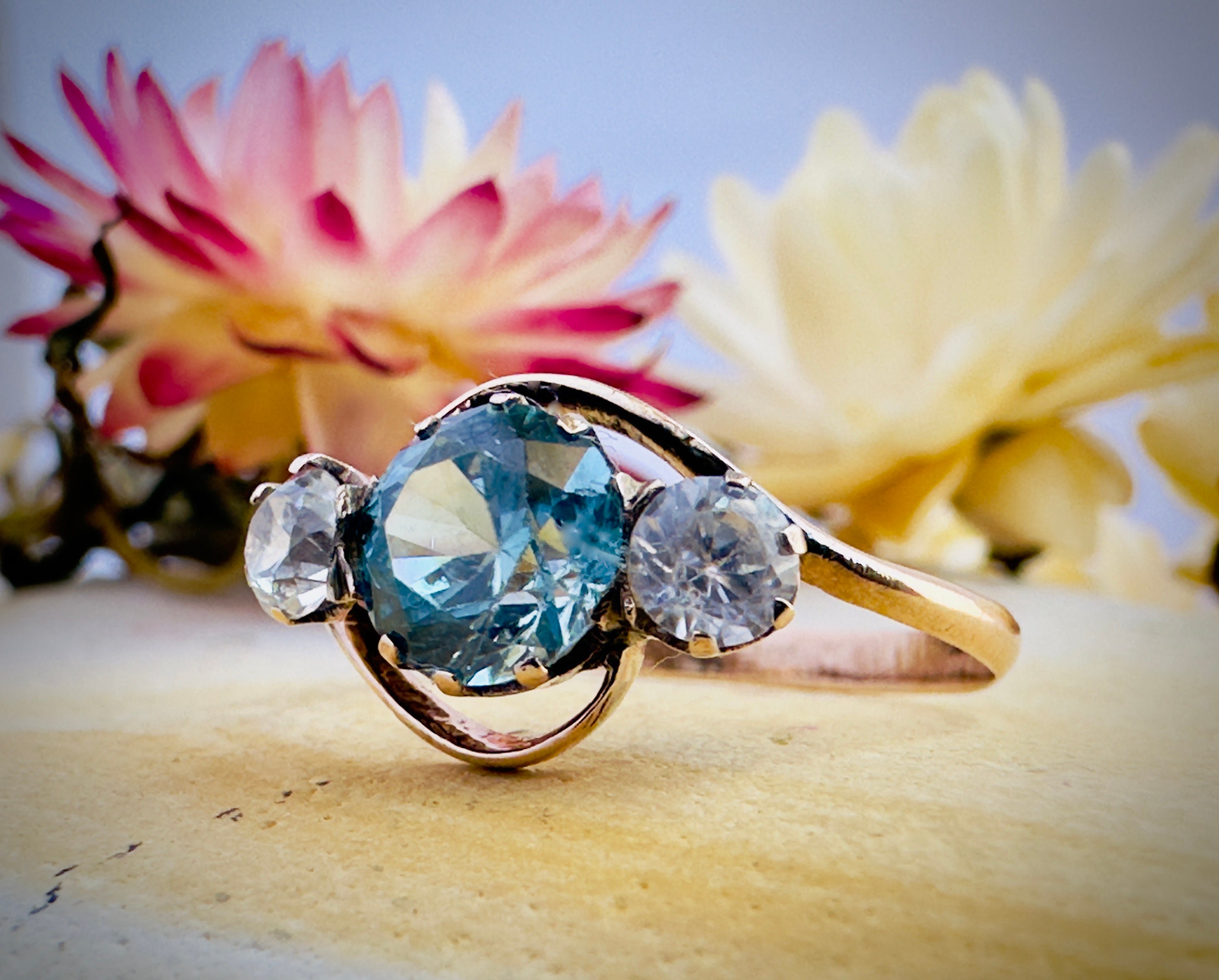 Antique Blue Zircon Gold Trilogy Three Stone Ring Etsy