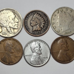 Starter Collection Coin Lot of Indian Head Penny, V Nickel, Buffalo Nickel, Two Wheat Cents, and a 1943 Steel Penny