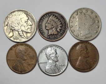 Starter Collection Coin Lot of Indian Head Penny, V Nickel, Buffalo Nickel, Two Wheat Cents, and a 1943 Steel Penny