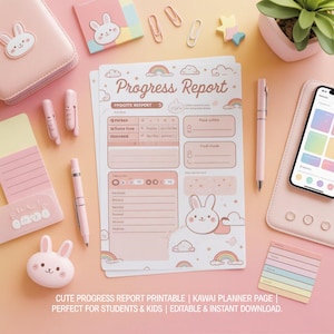 Op de afbeelding: Een roze en witte voortgangsrapportage print met een kawaii konijn ontwerp. De afbeelding bevat een roze pen, een telefoon, een konijnvormige gum en andere kantoorartikelen. De tekst op het rapport luidt "Progress Report".