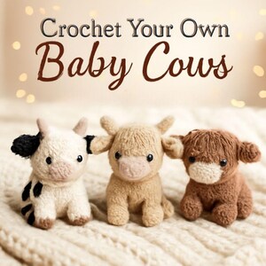 Peut inclure: Trois peluches de vaches bébé crochetées en crème, beige et marron, avec des marques noires et blanches. Le texte "Crochet Your Own Baby Cows" est affiché au-dessus des peluches. Les vaches sont assises sur une surface texturée de couleur crème.