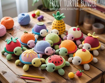 May include: A selection of crocheted fruit turtle amigurumi in various colours. Each turtle is designed to resemble a different fruit, such as a pineapple, watermelon, and strawberry. The text "13-IN-1 FRUIT TURTLE BUNDLE" is displayed above the turtles. Yarn and crochet hooks are also visible.