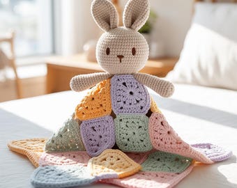 Patrón de conejito de ganchillo en PDF / Tutorial de manta de bebé para acurrucarse / Juguete de amigurumi de conejito ideal para principiantes