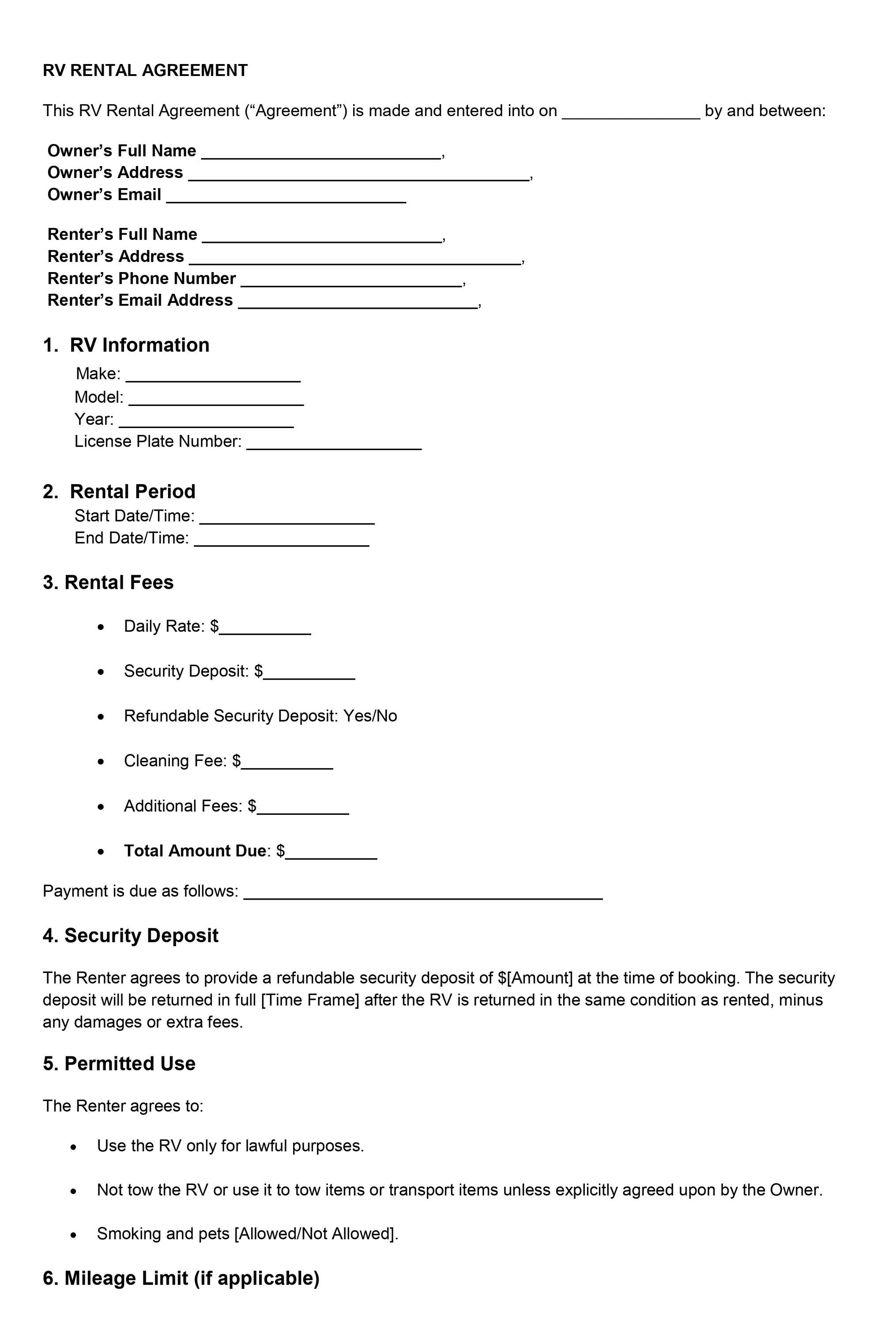 RV Rental Agreement Template: Editable Camper Lease Contract (DOCX ...