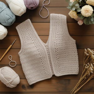 May include: A beige crochet vest is displayed on a wooden surface, with balls of yarn in white, blue, and lilac. A crochet hook and scissors are also visible, indicating a craft project. Dried flowers and a small bouquet complete the scene.