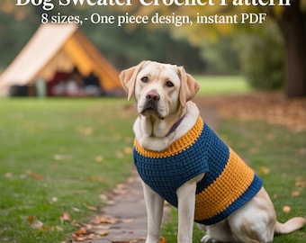 May include: A yellow Labrador Retriever wearing a blue and gold crochet dog sweater. The sweater has a striped design. Text at the top reads "Dog Sweater Crochet Pattern" and "8 sizes, - One piece design, instant PDF". The dog is sitting on green grass.