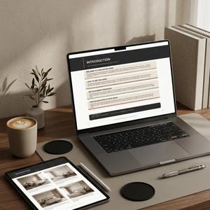 Puede incluir: Un portátil y una tableta que muestran contenido de una guía de diseño están sobre un escritorio con una taza de café y una planta. La pantalla del portátil muestra la palabra "INTRODUCTION". Un bolígrafo y un lápiz óptico también están en el escritorio, junto con dos posavasos negros.