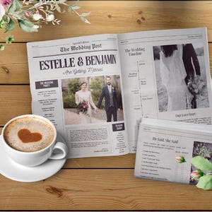 May include: A wedding-themed newspaper spread with the headline "ESTELLE & BENJAMIN Are Getting Married." A cup of coffee with a heart design sits on a saucer. Pink roses and greenery decorate the wooden surface.