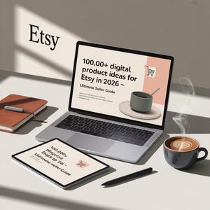 May include: A laptop and tablet display the text "100,000+ digital product ideas for Etsy in 2026 - Ultimate Seller Guide." A cup of coffee with latte art and a notebook with a pen are also on the white surface. The Etsy logo is in the upper left corner.