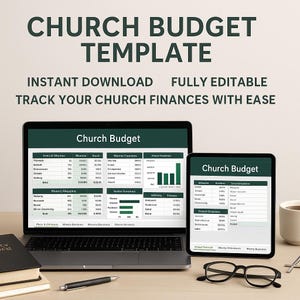 May include: A laptop and tablet showing a church budget template. The text at the top reads "CHURCH BUDGET TEMPLATE". Additional text includes "INSTANT DOWNLOAD", "FULLY EDITABLE", and "TRACK YOUR CHURCH FINANCES WITH EASE".