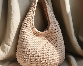 Anfänger häkeln Tragetasche Muster PDF | Baumwoll Hobo Geldbörse DIY Anleitung | Einfaches handgemachtes Taschen-Tutorial für Damen