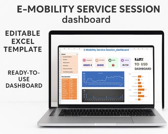 May include: A laptop screen showing an Excel dashboard for e-mobility service sessions. The display features data visualizations, charts, and numerical data. Text on the screen includes "E-Mobility Service Session_dashboard" and "READY-TO-USE DASHBOARD". The laptop is open on a white background.