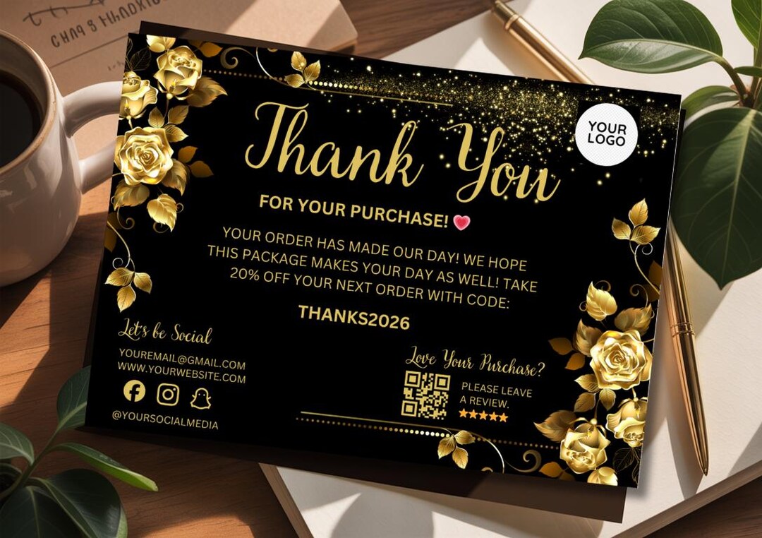 Black and Gold Floral Thank You Card Template (canva Editable Printable ...