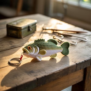 Puede incluir: Un llavero de pez tejido a ganchillo en tonos verdes, blancos y beige, con un ojo naranja y un lazo rojo. El pez está sobre una mesa de madera, con una caja metálica y herramientas de pesca al fondo. Un accesorio encantador para pescadores. Mide unos 15 cm de largo.