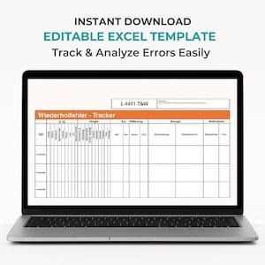 May include: A laptop displays an Excel template for tracking and analyzing errors. The screen shows a spreadsheet titled "Wiederholfehler - Tracker" with multiple columns and rows. Text at the top reads "INSTANT DOWNLOAD EDITABLE EXCEL TEMPLATE Track & Analyze Errors Easily."
