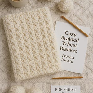 Pode incluir: Cobertor de trigo trançado creme com uma caneca de café e novelos de lã. A imagem inclui uma agulha de crochê e um cartão que diz "Cozy Braided Wheat Blanket Crochet Pattern". Um segundo cartão diz "PDF Pattern Only".