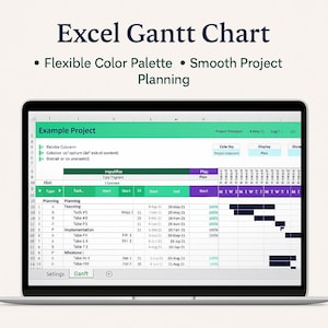 Może przedstawiać: Ekran laptopa wyświetla wykres Gantta w programie Excel zatytułowany "Excel Gantt Chart". Wykres zawiera elastyczną paletę kolorów i płynne planowanie projektu. Ekran pokazuje oś czasu projektu z zadaniami, datami rozpoczęcia i zakończenia oraz procentami postępu.