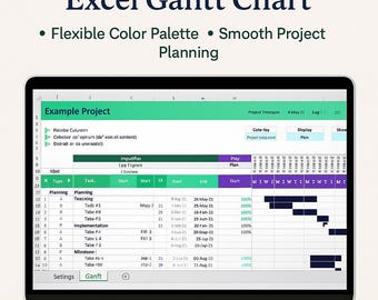 May include: A laptop screen displays an Excel Gantt chart with the title "Excel Gantt Chart." The chart features a flexible color palette and smooth project planning. The screen shows a project timeline with tasks, start and end dates, and progress percentages.