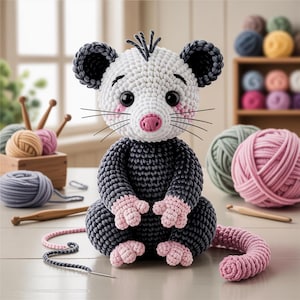 May include: A handmade crochet opossum doll with a white head, gray body, and pink accents. The doll has black eyes, whiskers, and a pink nose. It is sitting on a table with yarn and crochet hooks.