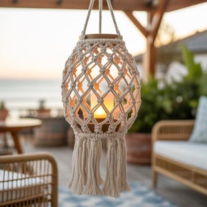 May include: A cream-coloured macrame lantern, suspended by a rope, with a warm light emanating from within. The lantern features a woven rope design with a wooden top and base, and decorative tassels. The background shows a patio setting with an ocean view.