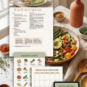 May include: A digital cookbook titled "Roasted Vegetable Bowls" with a recipe for Lemon Herb Asparagus & Feta Bowl. The image features a bowl of roasted vegetables, ingredients, and meal prep guides. A digital grocery checklist is also visible.