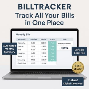 Bill Tracker Excel Template | Monthly Expense Log | Digital Spreadsheet for Budget & Payment Tracking