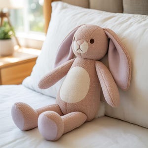 May include: A plush pink bunny rabbit with long ears, a white belly, and a small white tail. The stuffed animal is sitting on a white bed, with a soft, textured appearance. The bunny has brown eyes and a stitched face.