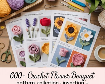 Paquete de patrones de crochet para ramo de flores: Rosa, tulipán y margarita (descarga instantánea en PDF)