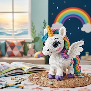 May include: A white crocheted unicorn with a yellow horn, blue eyes, and rainbow mane and tail. The unicorn has white wings and purple hooves. It is standing on a round, woven mat. A children's book is open in the background.