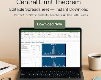 Könnte beinhalten: Ein Laptop zeigt eine Excel-Tabelle mit dem Titel "Excel Simulation Template: Central Limit Theorem". Der Bildschirm zeigt Daten und Diagramme. Der Text "Editable Spreadsheet - Instant Download" und "Download Now" sind ebenfalls sichtbar. Eine Kaffeetasse und ein Notizblock liegen auf dem Holzschreibtisch.