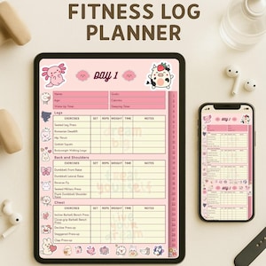 May include: A pink fitness log planner with the text "FITNESS LOG PLANNER" at the top. The planner is displayed on a tablet and a smartphone, both showing a workout log for "day 1". The tablet has sections for exercises like legs, back, shoulders, and chest.