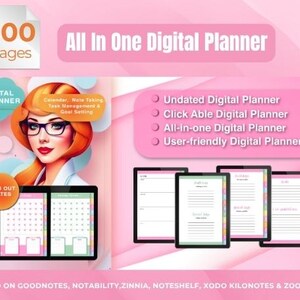 Op de afbeelding: Digitale planner met 200 pagina's, met een illustratie van een vrouw met een bril. De planner bevat kalender-, notitie-, taakbeheer- en doelstellingsfuncties. Het is een alles-in-één, ongedateerde, klikbare en gebruiksvriendelijke digitale planner.