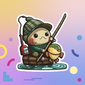Etiqueta engomada linda del pescador, pescador, etiqueta engomada linda, etiqueta engomada que acampa, etiqueta engomada de la botella de agua, etiqueta engomada del coche, etiqueta engomada del regalo.
