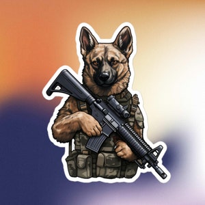 May include: A sticker depicting a German Shepherd dog in military attire, holding a rifle. The dog is illustrated with detailed fur and a serious expression. The background has a gradient of orange, yellow, and blue.