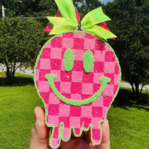 Checkered Drippy Smiley Face Car Freshie, Smiley Check Car Air Freshener