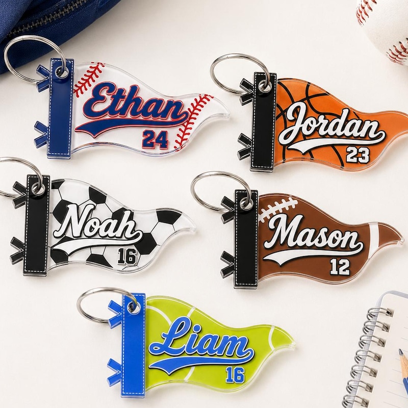 Personalized Sport Pennant Flag Name Tag For Boys, Softball Baseball Football Soccer Keychain, Sports Bag Charm For Kids, Back To School Kid