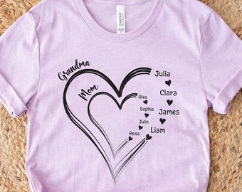 Sweat coeur grand-mère personnalisé avec noms d'enfants, chemise fête des mères, chemise grand-mère personnalisée, cadeaux grand-mère, cadeau fête des mères, t-shirt grand-mère