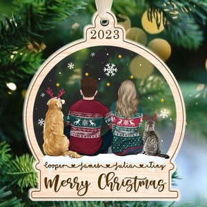 Custom Couple and Pet Ornament, Personalized Couple with Dog Ornament, 2023 Christmas Couple Ornament, Couple Keepsake Ornament Xmas Gift