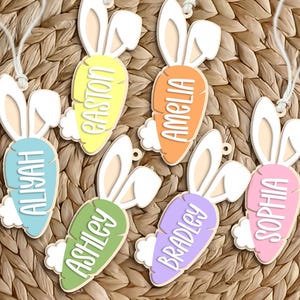 Canasta de Pascua personalizada, etiqueta con nombre de conejito y zanahoria, regalo de madera acrílica