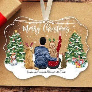 Custom Couple With Pets Ornament, 2023 Christmas Couple Ornament, Family and Pet Christmas Ornament, Christmas Gift for Cat and Dog Lovers