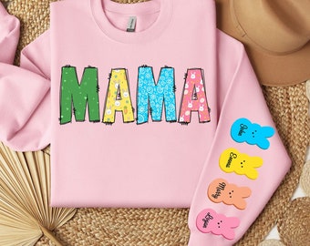 Custom Easter Mama Sweatshirt with Kid Names On Sleeve, Personalized Mama Easter Shirt, Bunny Easter Shirt Women, Custom Easter Gift for Mom