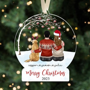 Personalized Couple with Pets Ornament, 2023 Christmas Couple Ornament, Dog Ornament, Couple Keepsake, Custom Family Ornament with Pets