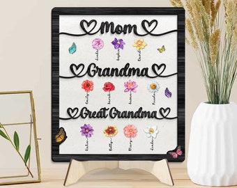 Mom Grandma and Great Grandma Wooden Sign, Custom Birth Month Flowers, Personalized Grandma's Garden Sign, Gift For Mom, Gifts For Grandma