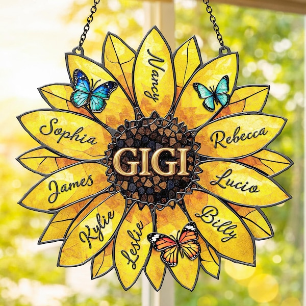 Personalized Sunflower Suncatcher, Custom Family Names, Stained Acrylic Window Art